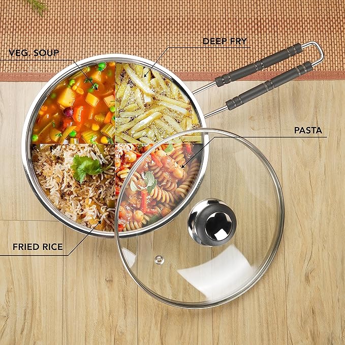 Sumeet Stainless Steel Induction Bottom Fry Pan with Glass Lid 1.250 Liter 21.5 cm Silver