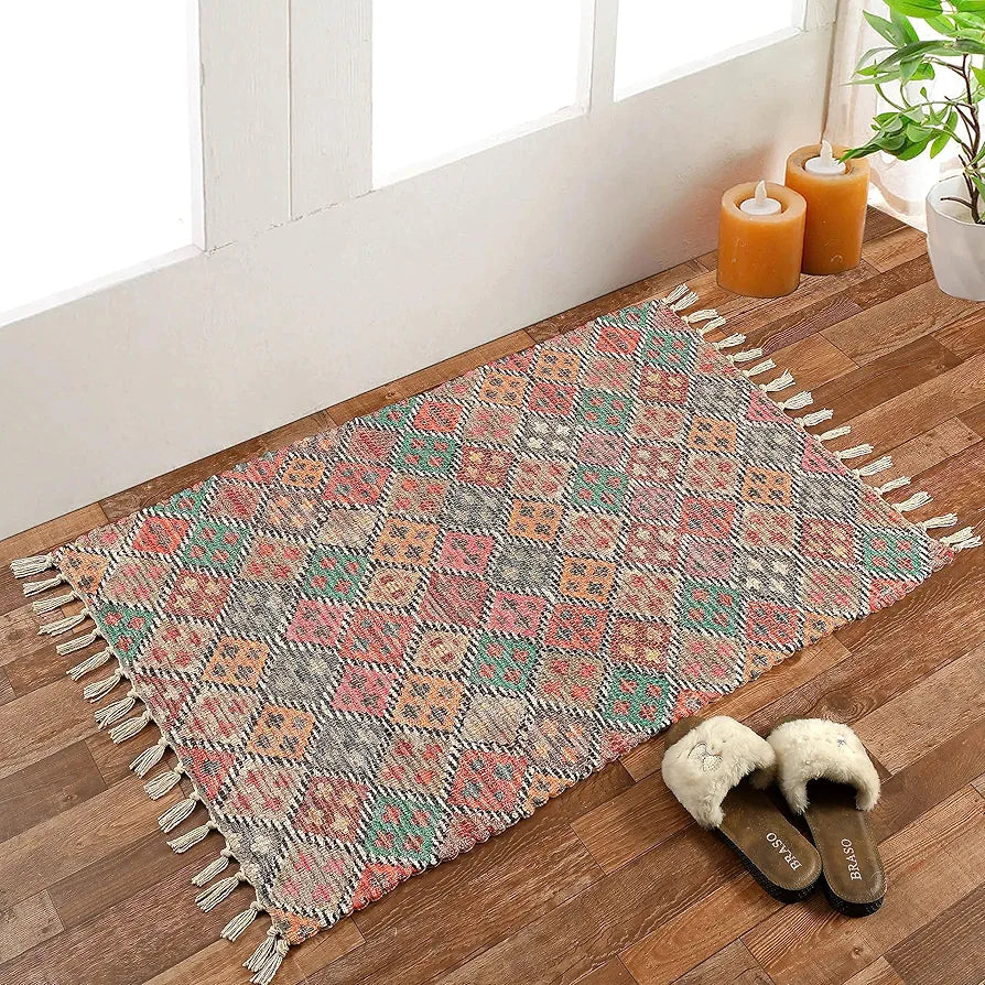 Homadorn Handmade Sustainable Printed Modern Dhurrie/Rugs/Carpet Colour Multicolour