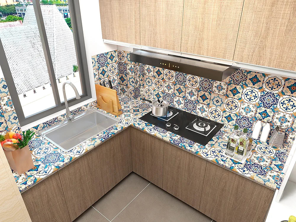 Indian Royals Hexagun Art Blue Kitchen Wallpaper Oil Proof Waterproof Haxagon Wallpaper