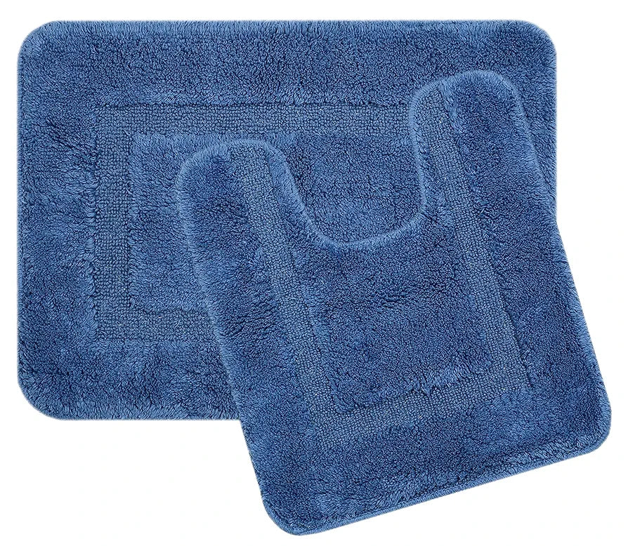 Saral Home Cotton Anti Slip Bathmat Set with Contour Colour Blue (Pack of 2)