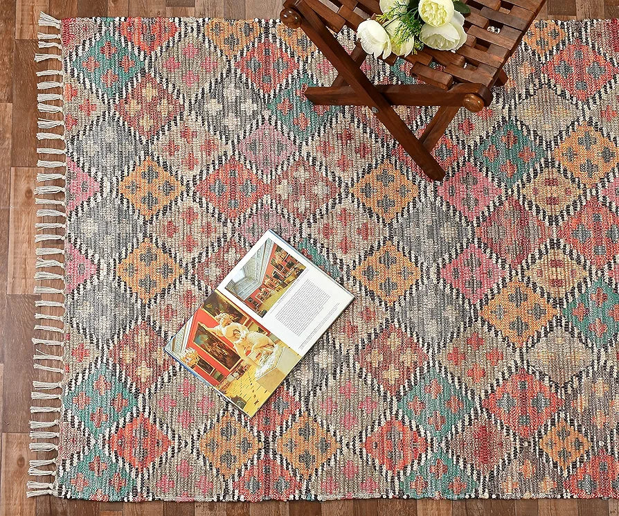 Homadorn Handmade Sustainable Printed Modern Dhurrie/Rugs/Carpet Colour Multicolour