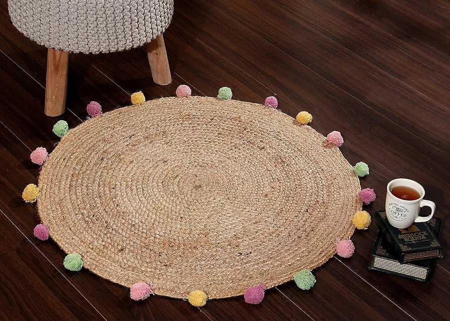 Sashaa World Indian Handmade Jute Braided Round Carpet Colour Beige