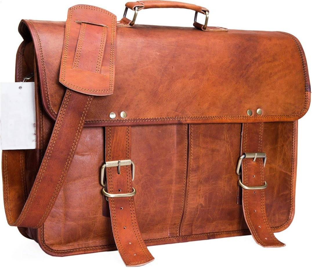 Craftshades – 15 Inch Double Strip Handcrafted Messenger Goat Leather Bag (Brown) | 100% Genuine Leather