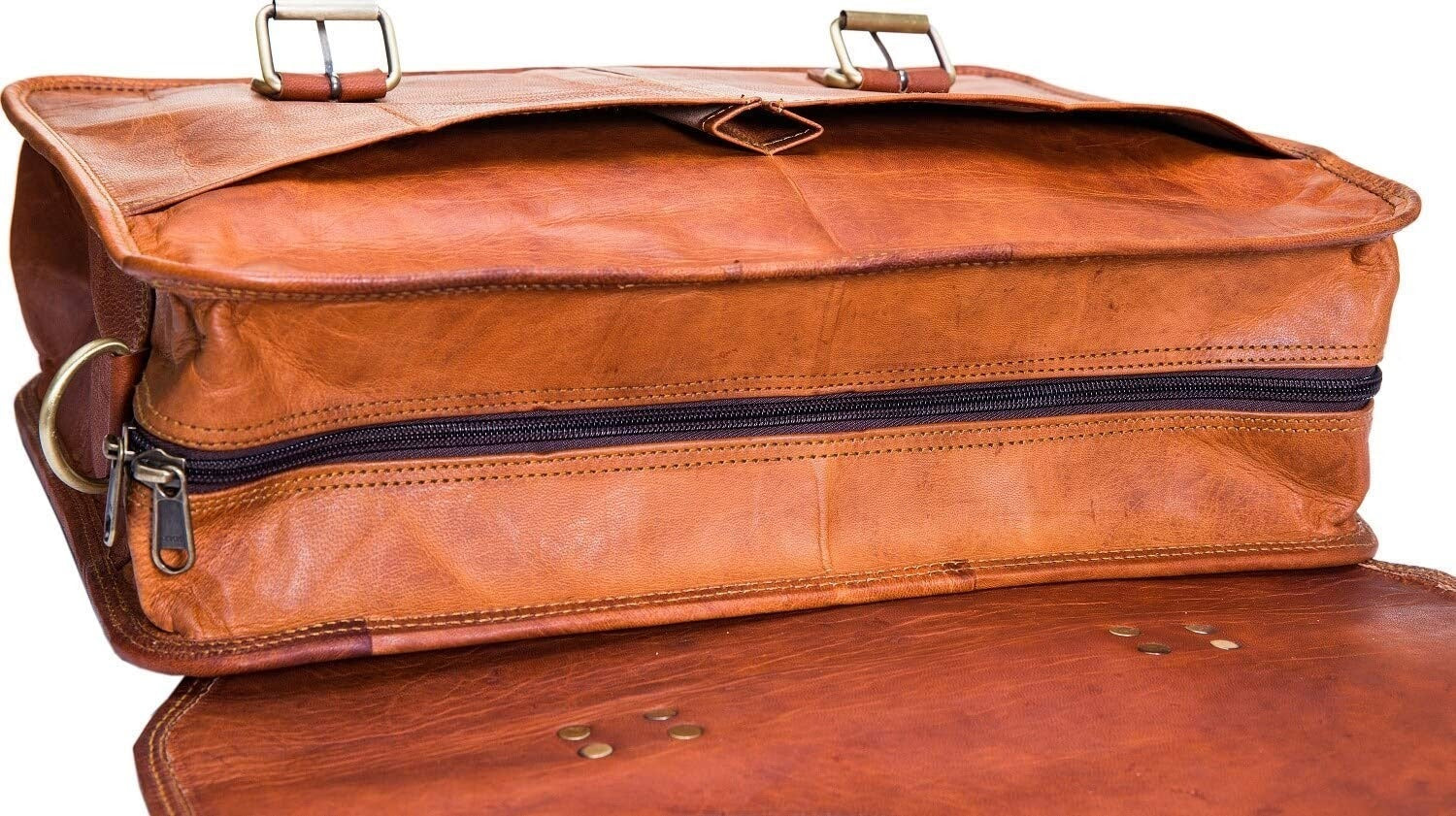 Craftshades – 15 Inch Double Strip Handcrafted Messenger Goat Leather Bag (Brown) | 100% Genuine Leather