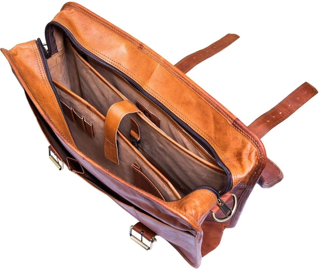 Craftshades – 15 Inch Double Strip Handcrafted Messenger Goat Leather Bag (Brown) | 100% Genuine Leather