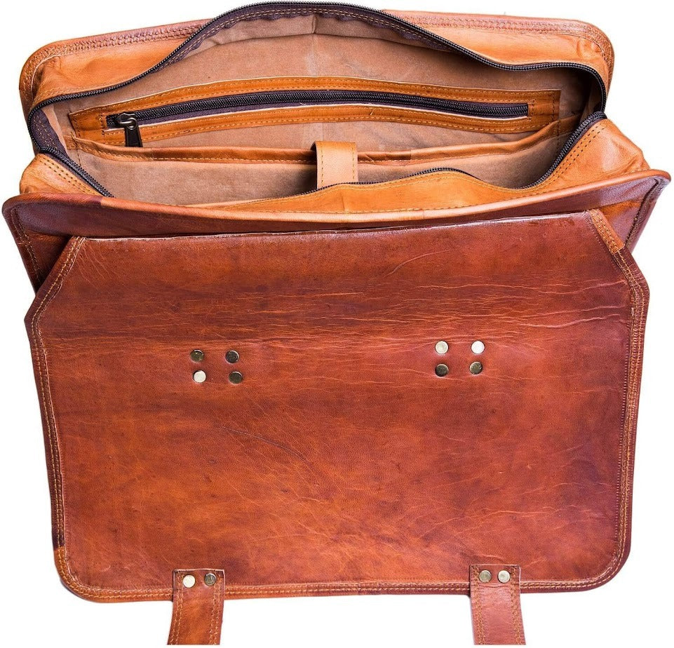 Craftshades – 15 Inch Double Strip Handcrafted Messenger Goat Leather Bag (Brown) | 100% Genuine Leather