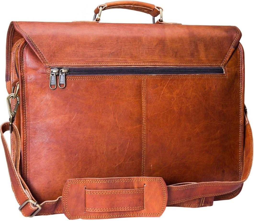 Craftshades – 15 Inch Double Strip Handcrafted Messenger Goat Leather Bag (Brown) | 100% Genuine Leather