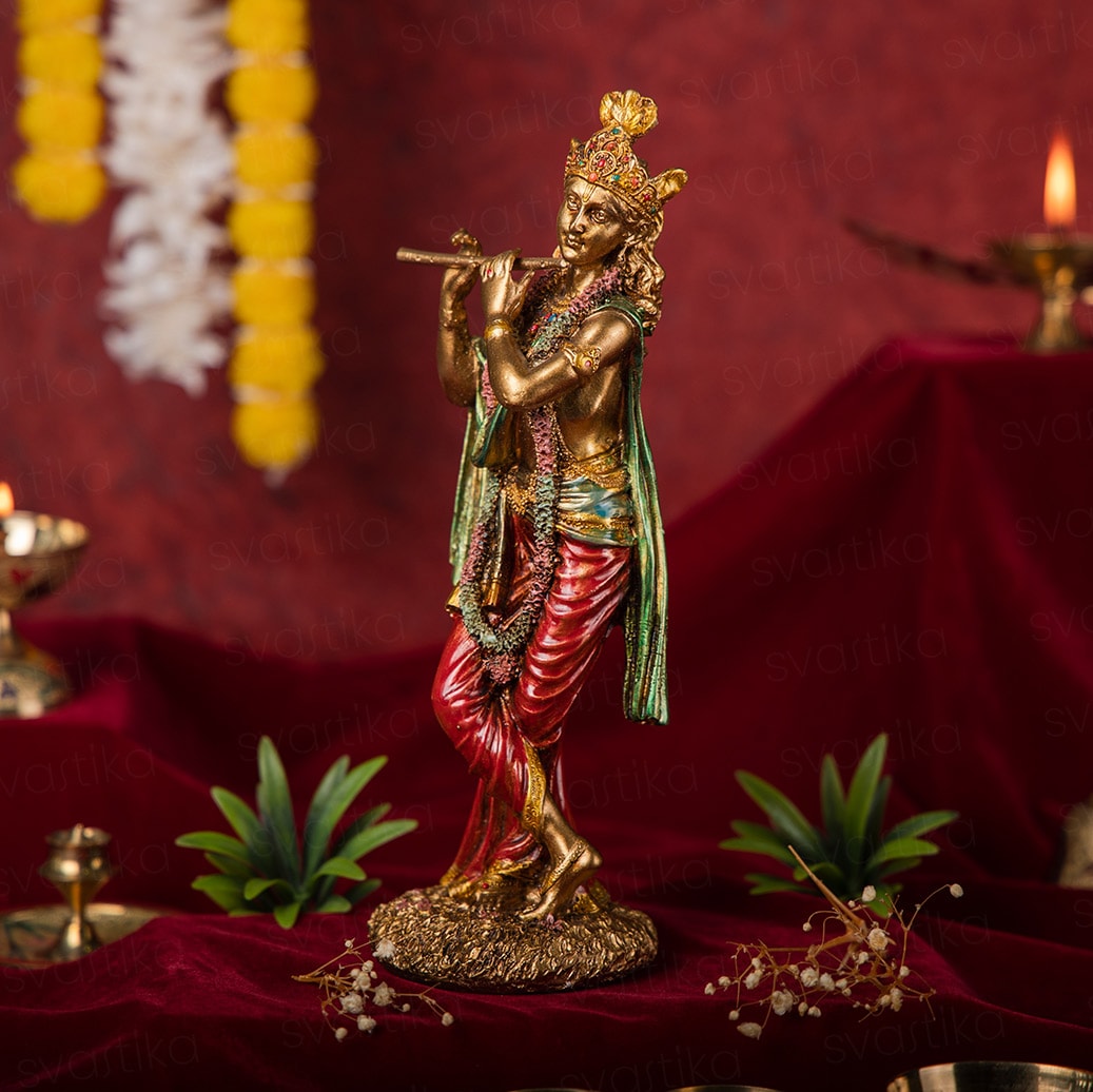 Svastika Krishna Standing Statue Antique Murti (10 Inch)