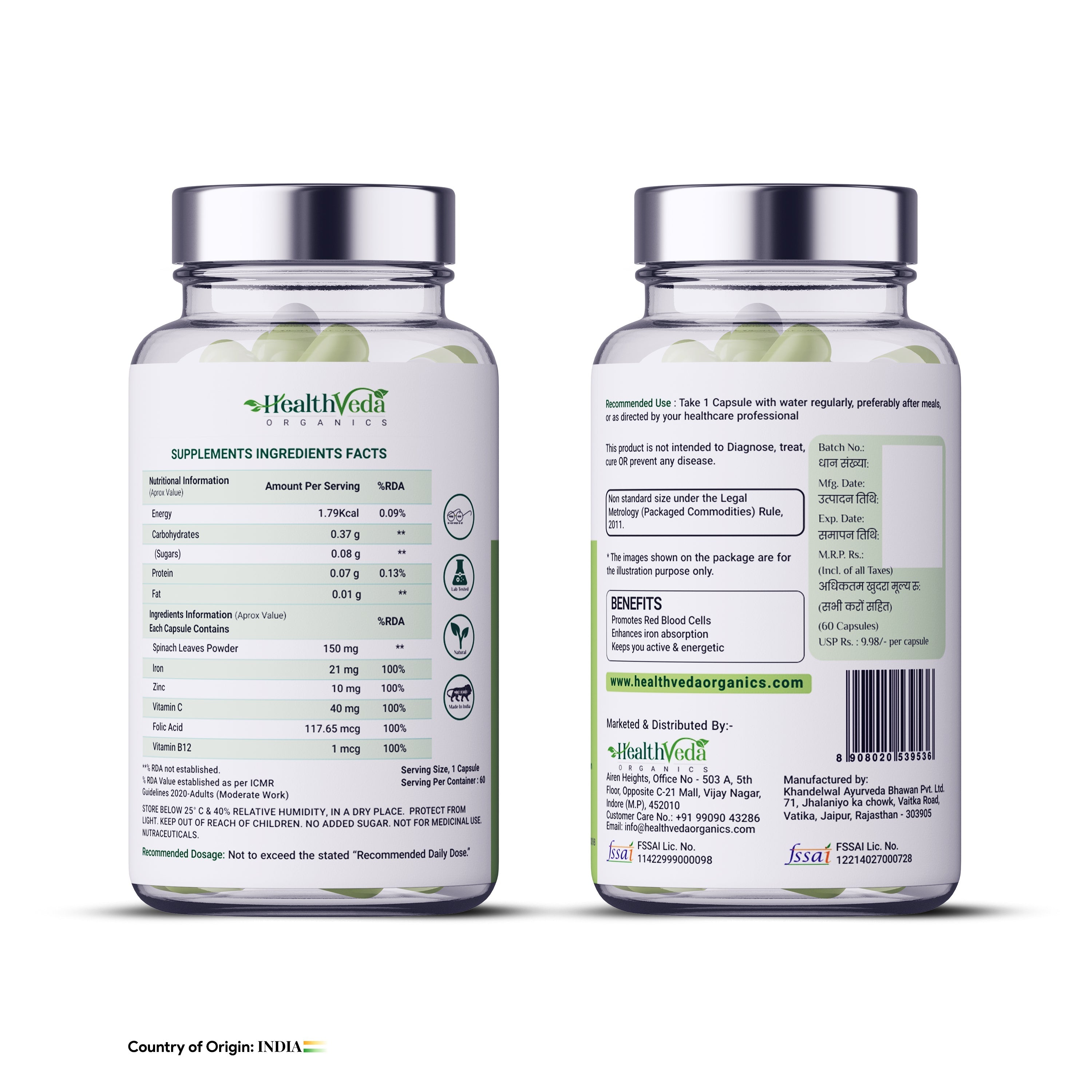 Health Veda Organics Iron + Folic Acid Supplement - 60 tabs