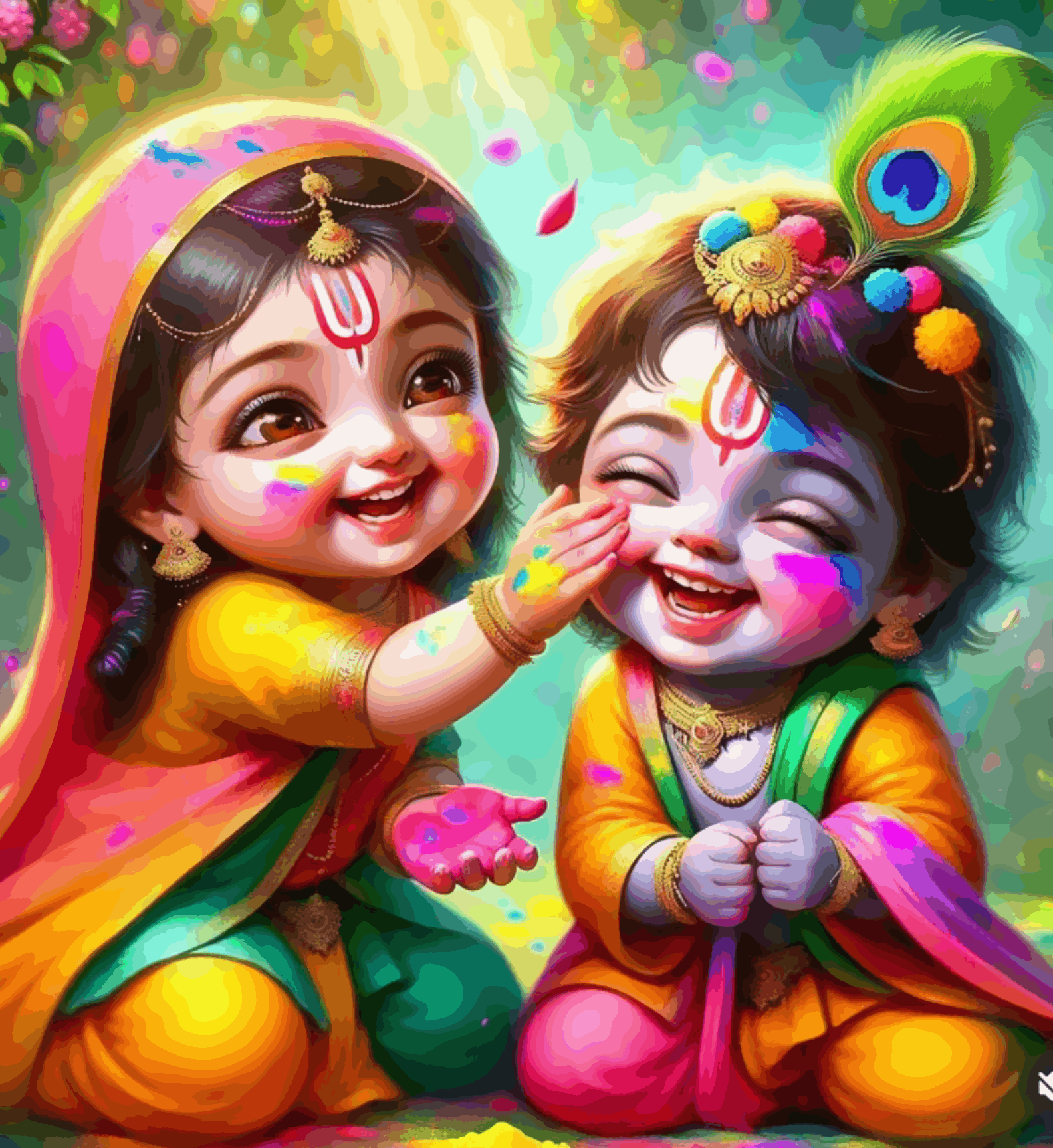 Divine Childhood: Radha Krishna in Holi Colors