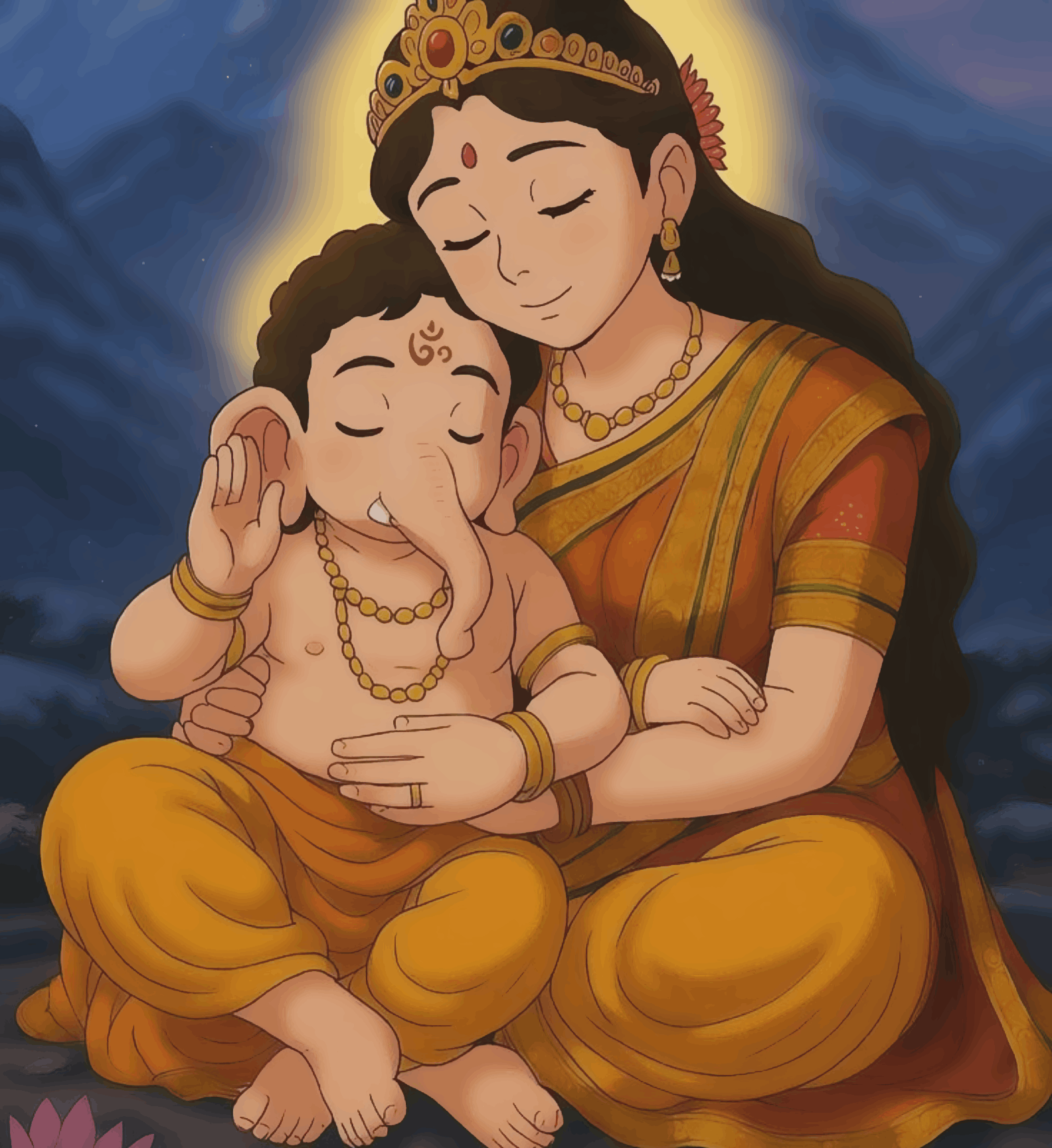 Baby Ganesha with Maa Parvati - Ghibli Edition