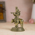 Svastika Brass Standing krishna Statue with Cow (7 Inch)