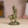 Svastika Brass Standing krishna Statue with Cow (7 Inch)
