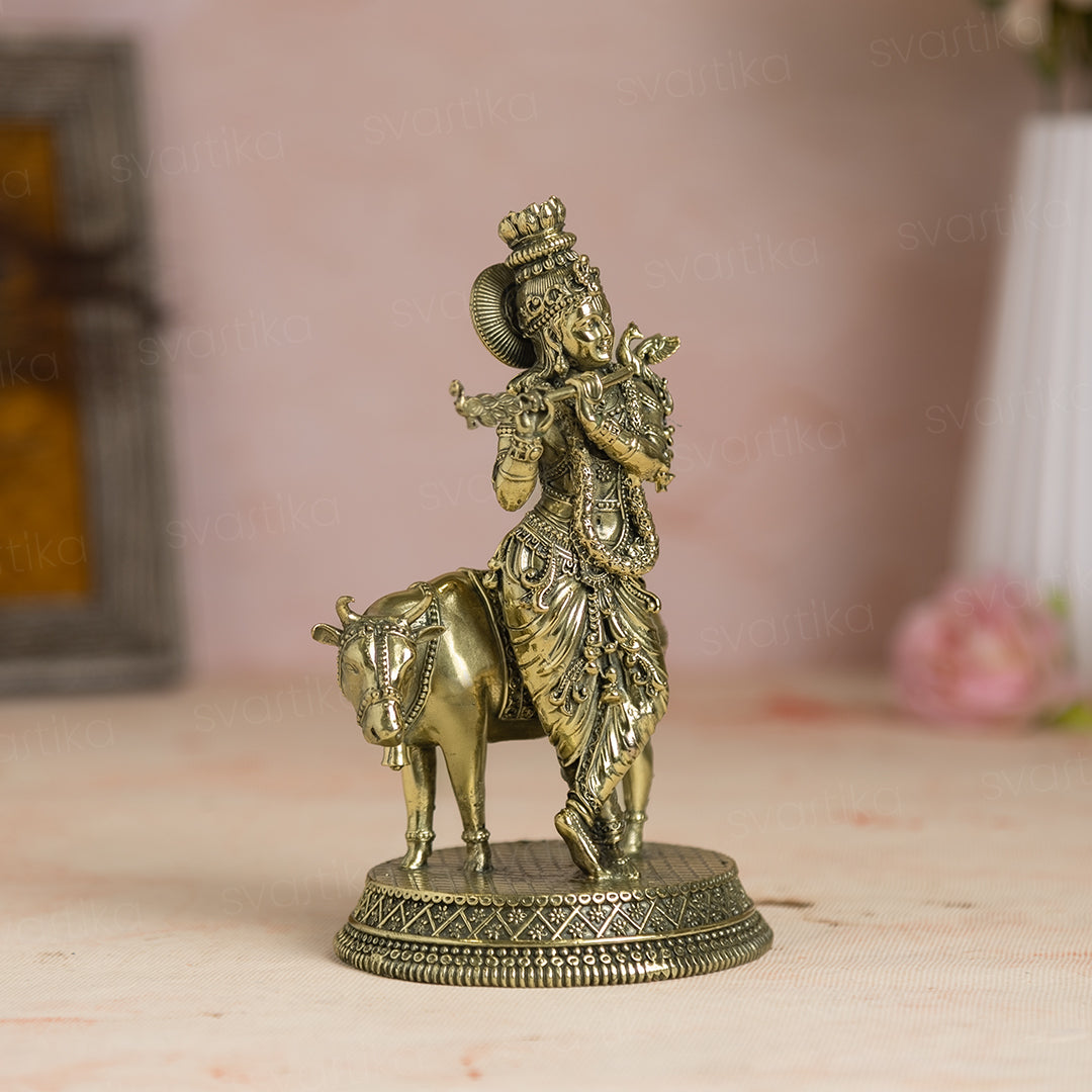 Svastika Brass Standing krishna Statue with Cow (7 Inch)