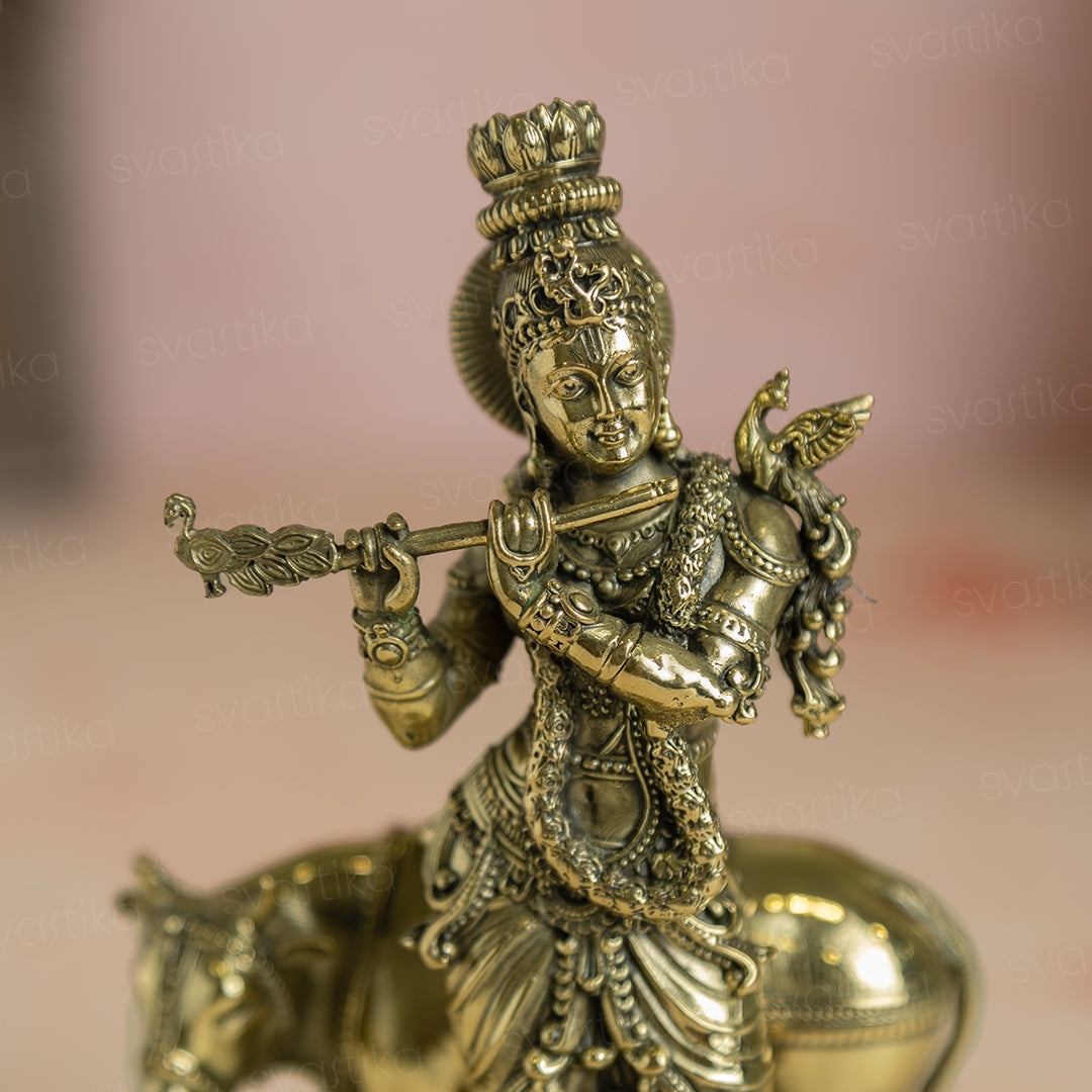 Svastika Brass Standing krishna Statue with Cow (7 Inch)
