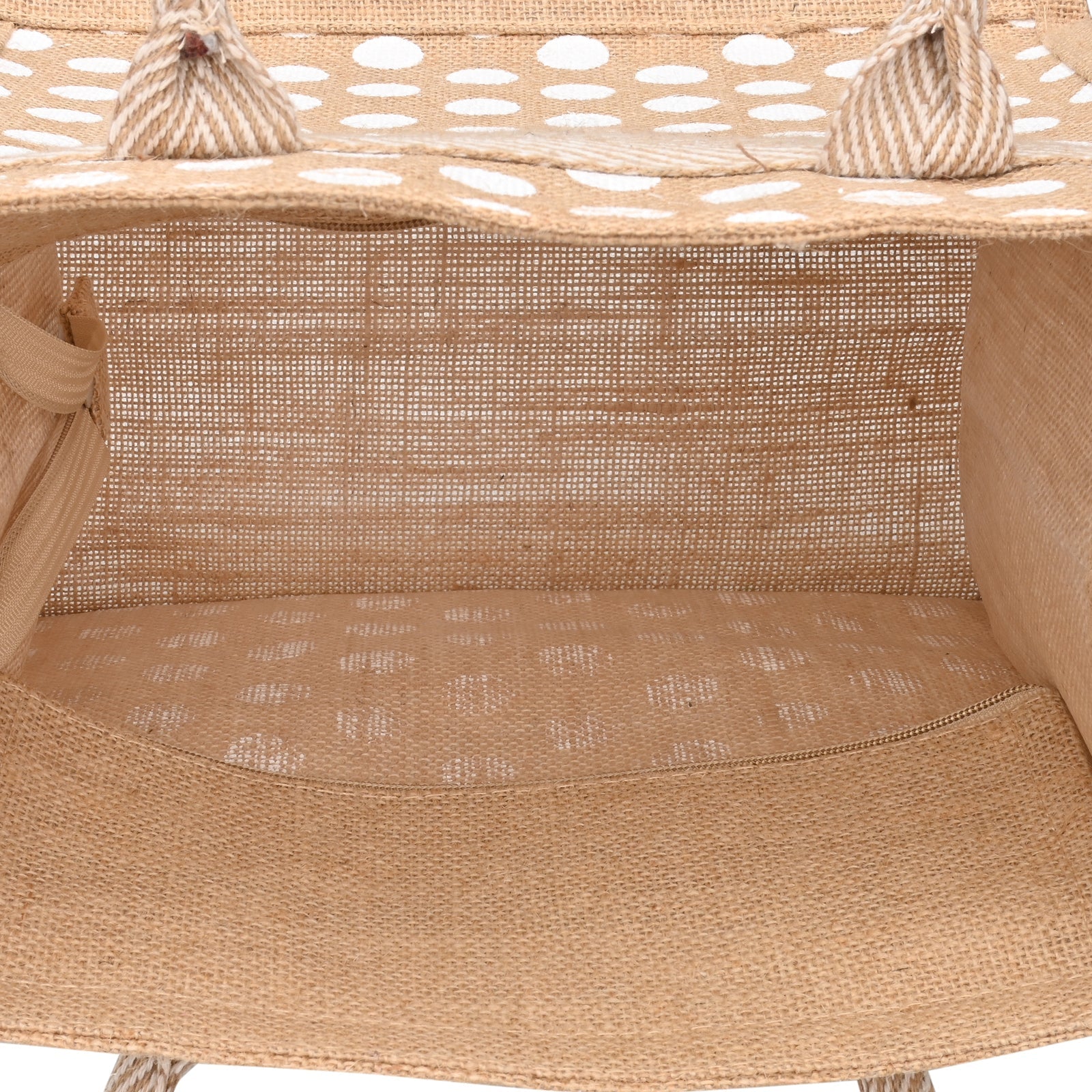 Jute Cottage Polka Dot Zipper Lunch Bag 100% Genuine Jute