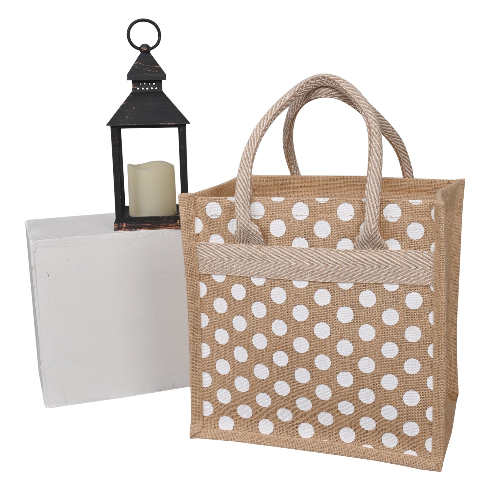 Jute Cottage Polka Dot Zipper Lunch Bag 100% Genuine Jute