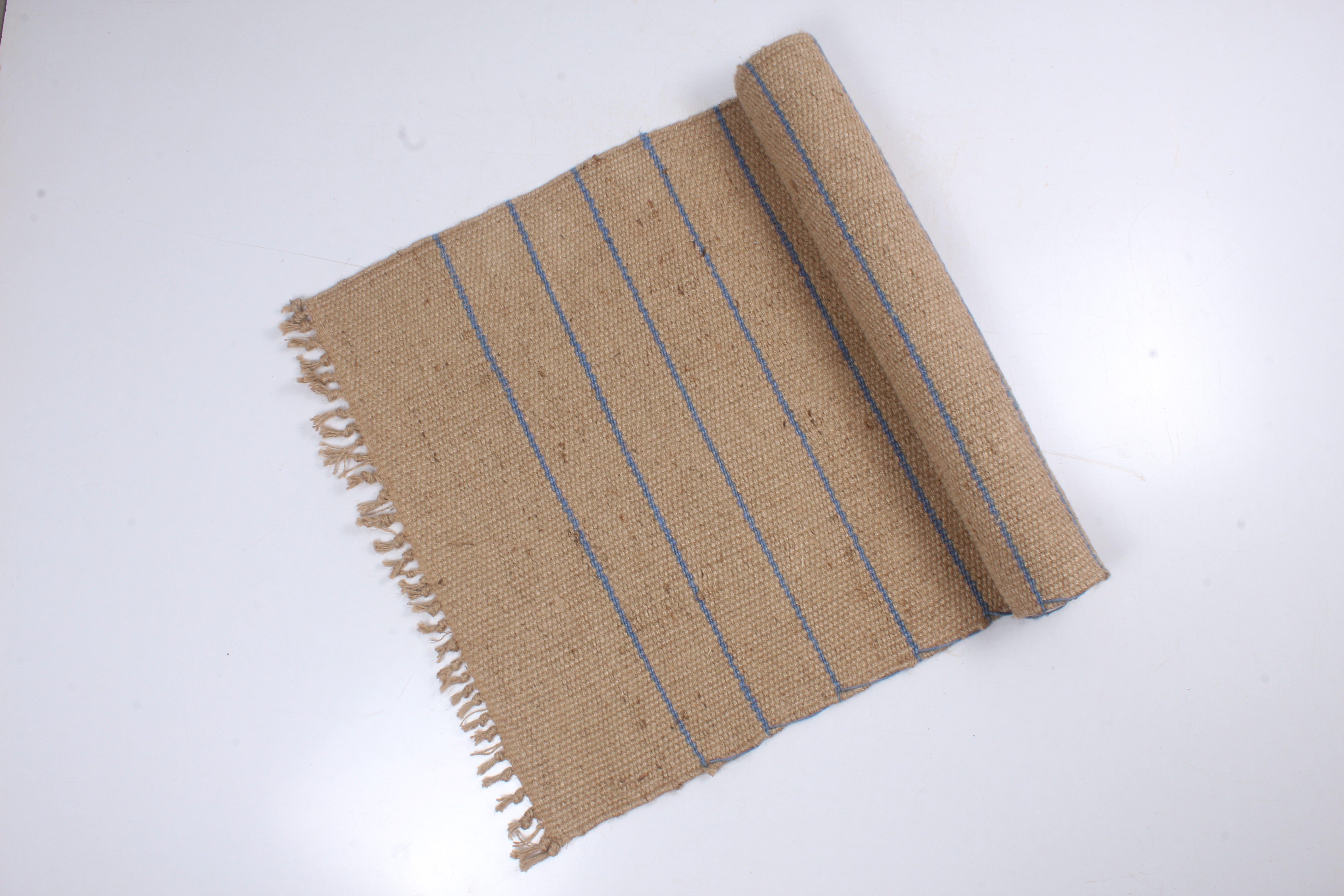 Shramdaan Pure Jute handwoven yoga mat with Blue Stripes