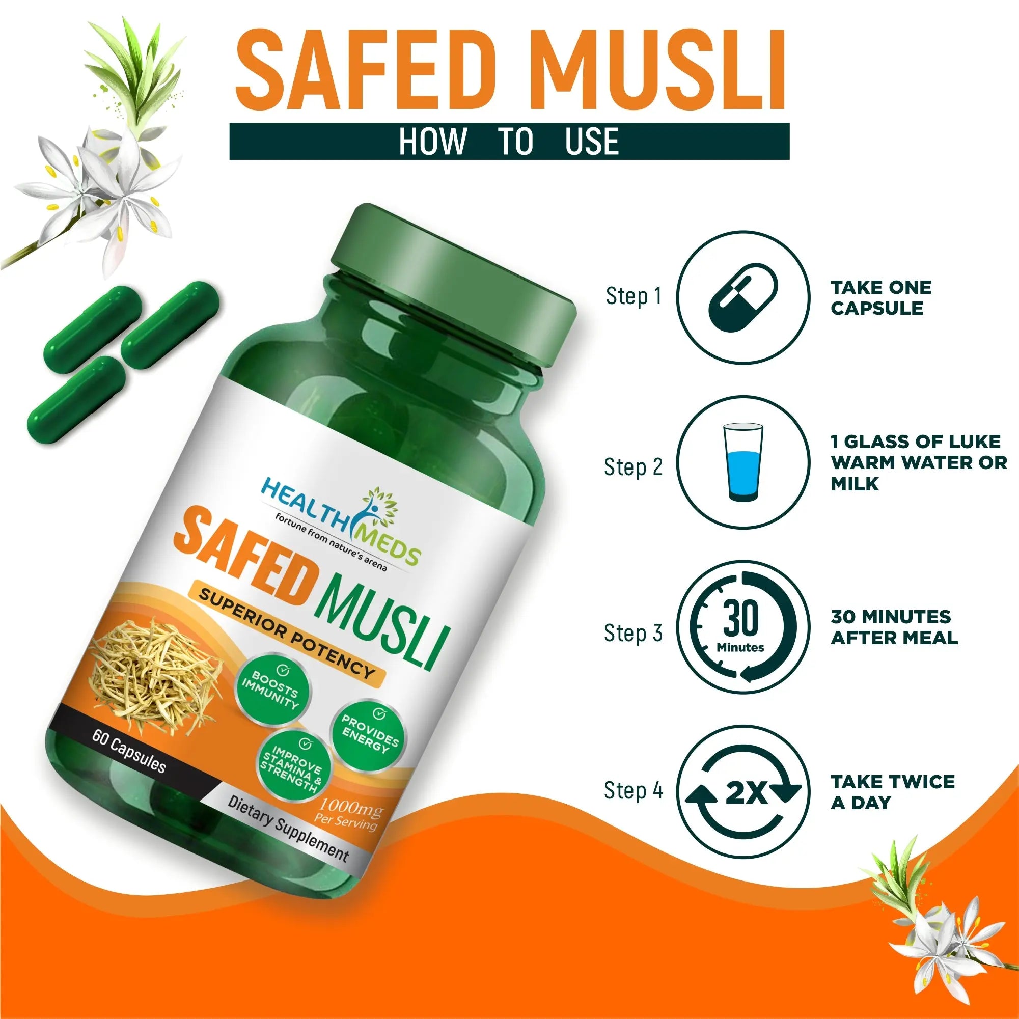 Healthmeds Safed Musli Chlorophytum Borivilianum Root- 60 tabs