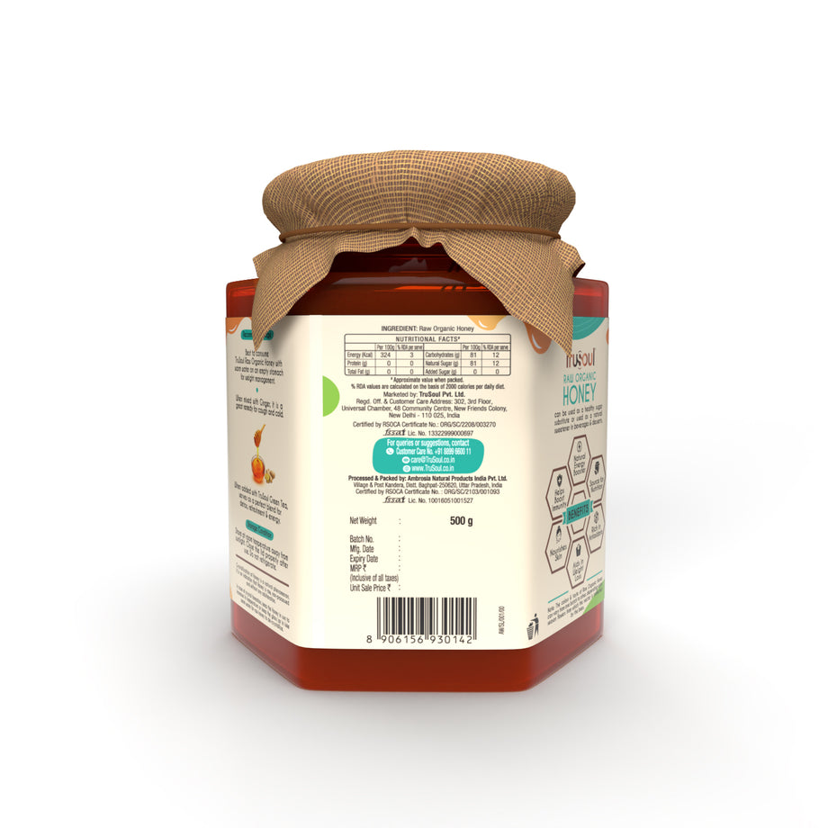 Trusoul Raw Organic Honey Glass Bottle - 500 gms