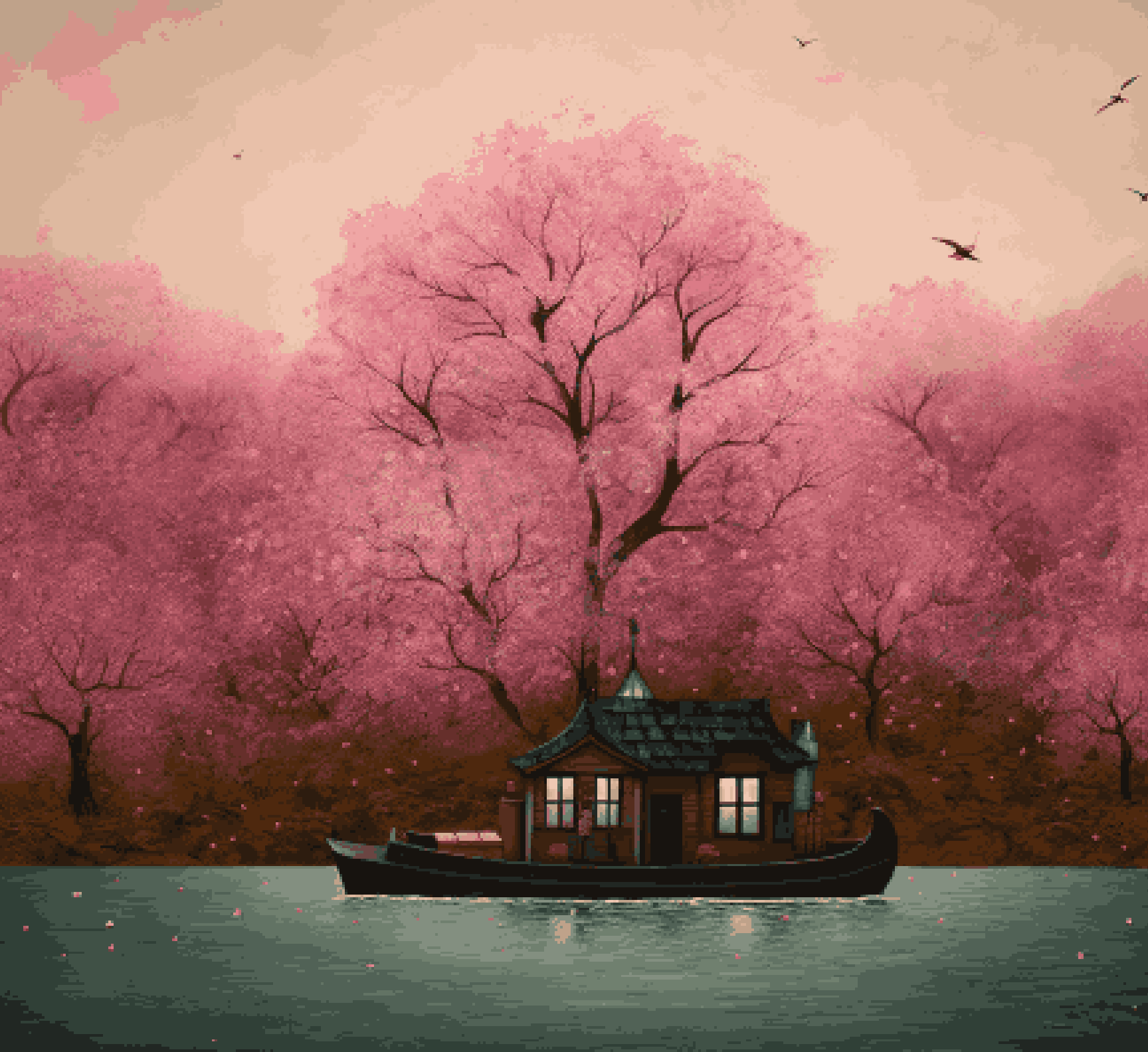 House Boat Pink Trees