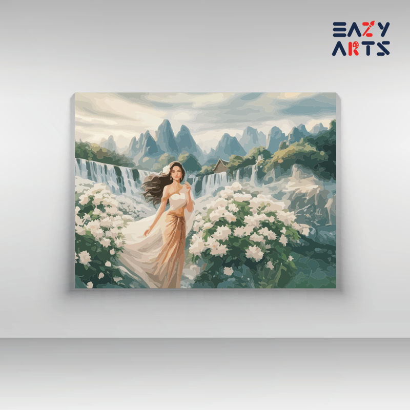 Enchanting Mountain Waterfall with Flower Garden Paint by Numbers Kit