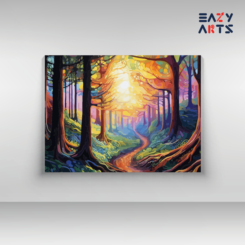 Mystical Forest Path with Glowing Sunrise Paint by Numbers Kit