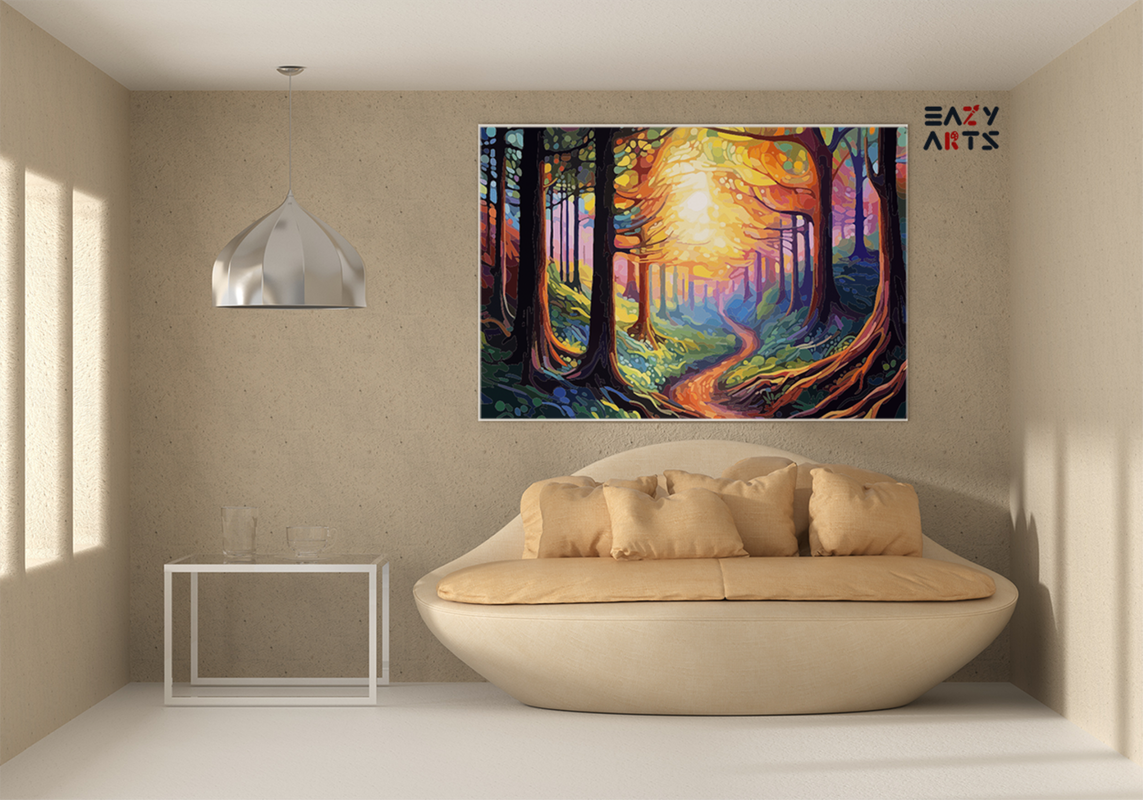Mystical Forest Path with Glowing Sunrise Paint by Numbers Kit