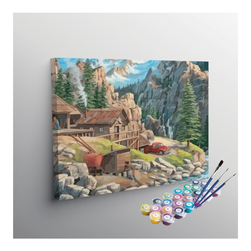 Mountain Cabin by the River Paint by Numbers Kit