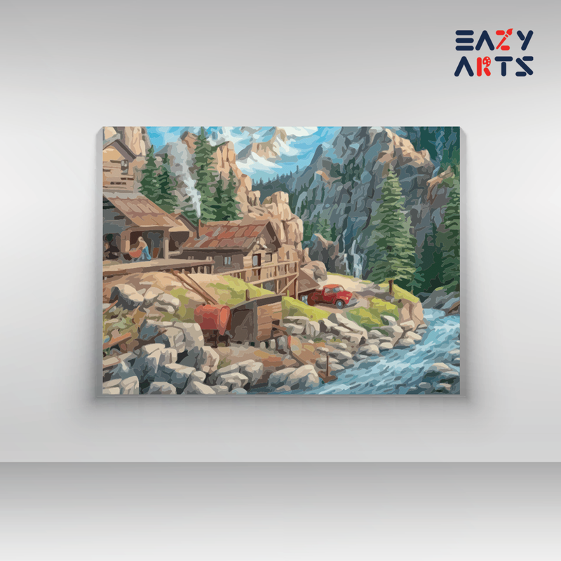 Mountain Cabin by the River Paint by Numbers Kit