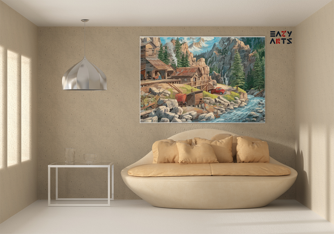 Mountain Cabin by the River Paint by Numbers Kit