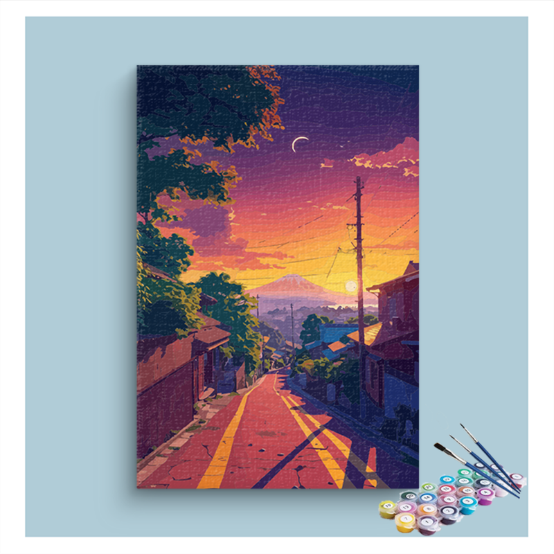 Sunset Over Serene Village Path Paint by Numbers Kit