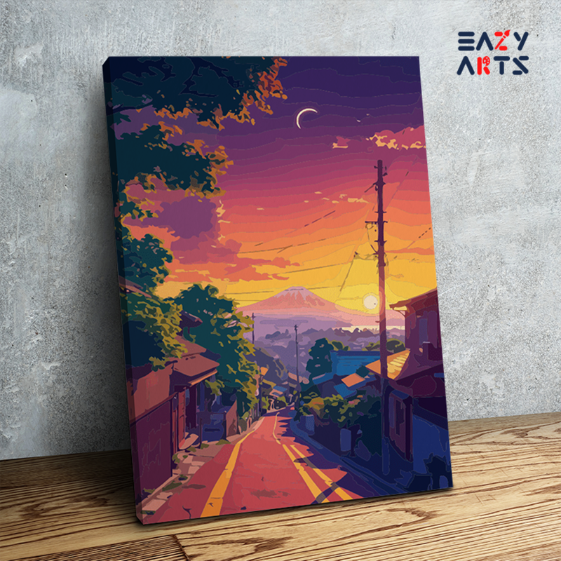 Sunset Over Serene Village Path Paint by Numbers Kit