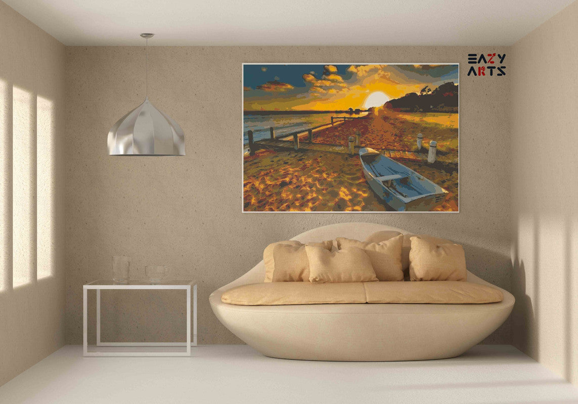Golden Sunset Over Serene Beach Paint by Numbers Kit