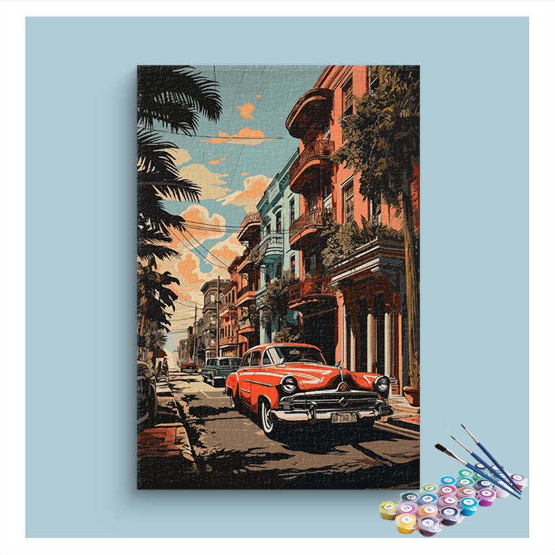 Vintage Car on Vibrant Urban Street Paint by Numbers Kit