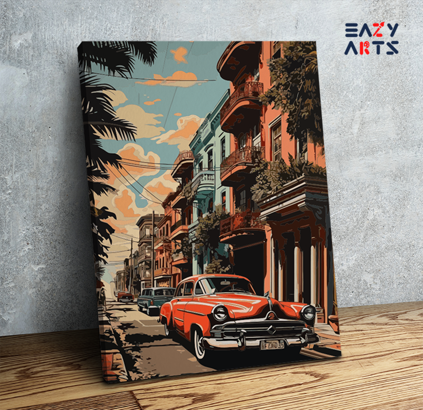 Vintage Car on Vibrant Urban Street Paint by Numbers Kit