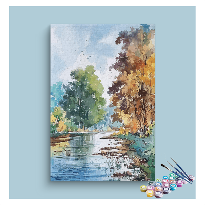 Serene Riverbank with Autumn Trees Paint by Numbers Kit