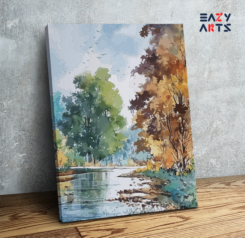 Serene Riverbank with Autumn Trees Paint by Numbers Kit
