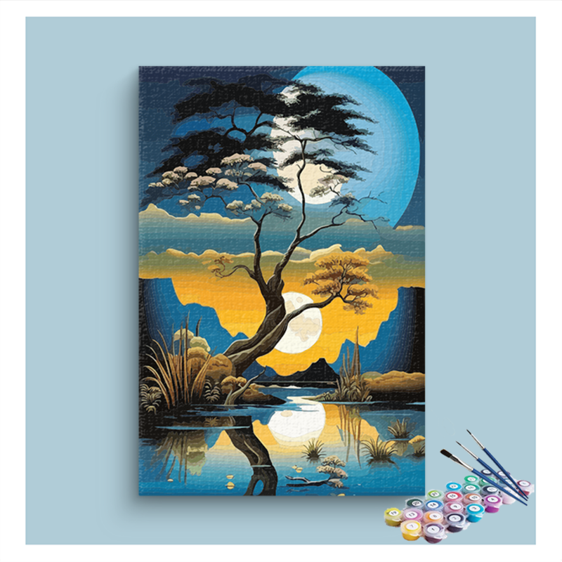 Dual Moon Reflections in Tranquil Waters Paint by Numbers Kit