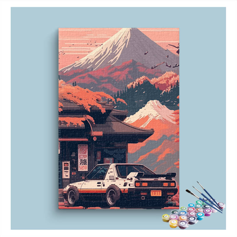 Retro Car at Mountain Temple Paint by Numbers Kit