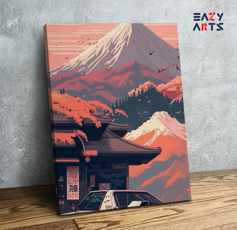 Retro Car at Mountain Temple Paint by Numbers Kit