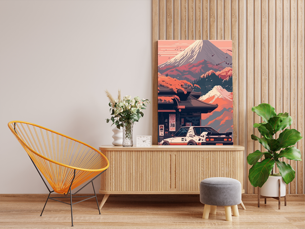 Retro Car at Mountain Temple Paint by Numbers Kit