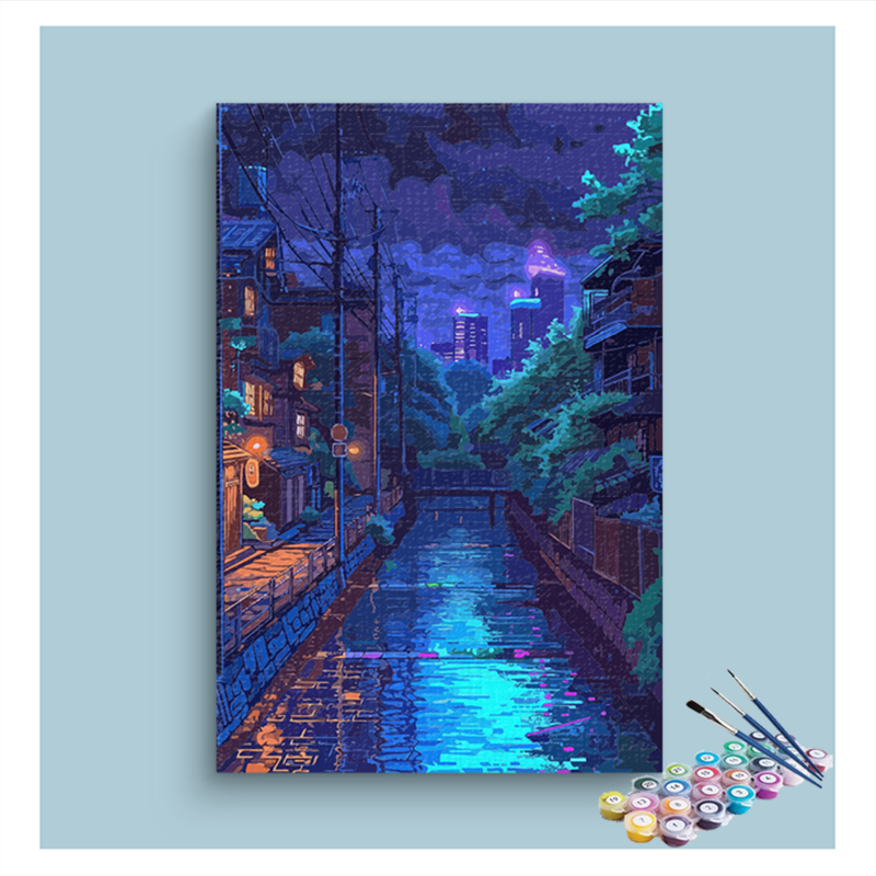 Nighttime City Canal with Neon Reflections Paint by Numbers Kit