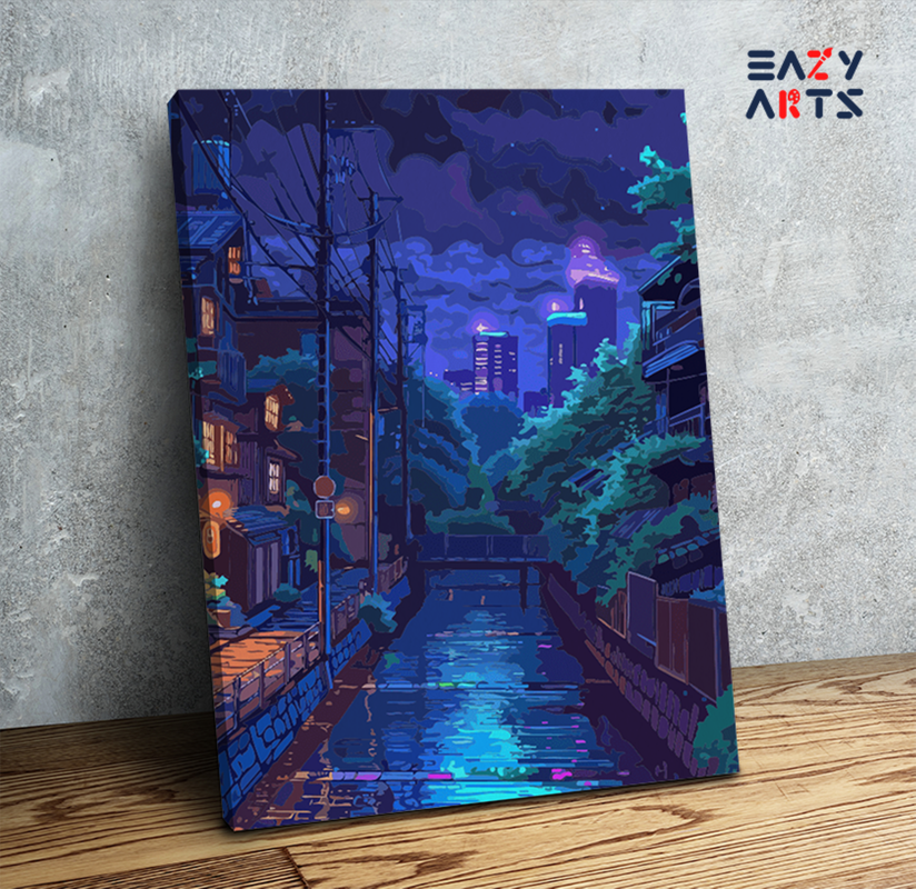 Nighttime City Canal with Neon Reflections Paint by Numbers Kit