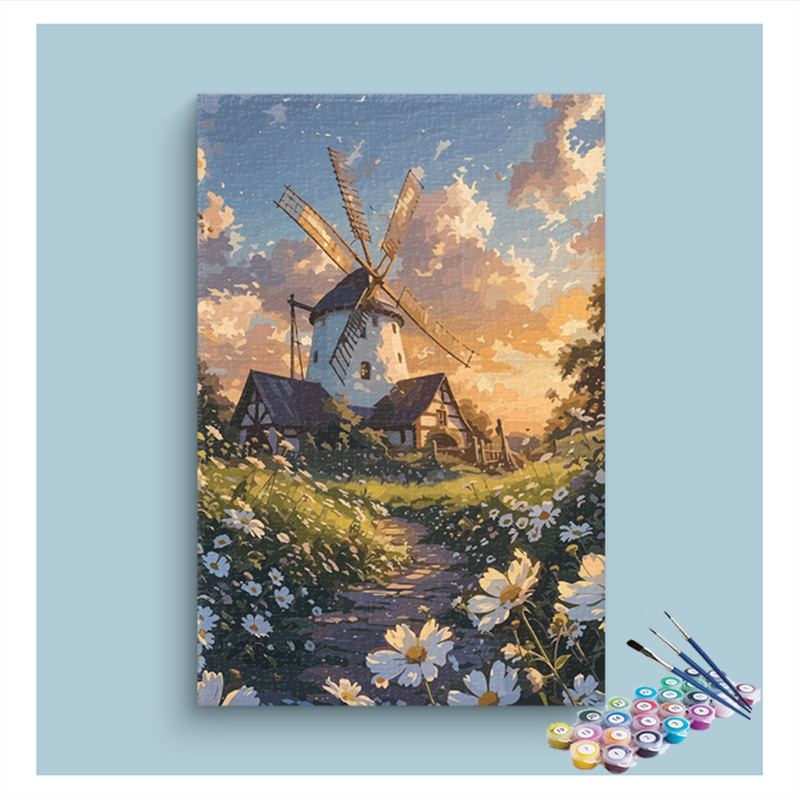 Charming Windmill at Sunset Paint by Numbers Kit