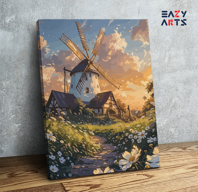 Charming Windmill at Sunset Paint by Numbers Kit