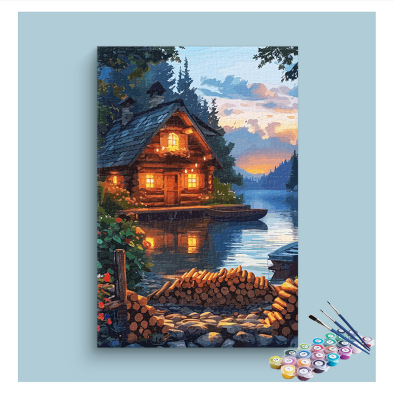 Cozy Cabin by the Lake at Dusk Paint by Numbers Kit