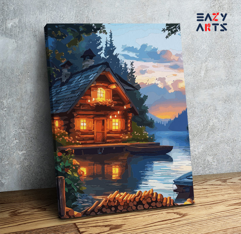 Cozy Cabin by the Lake at Dusk Paint by Numbers Kit