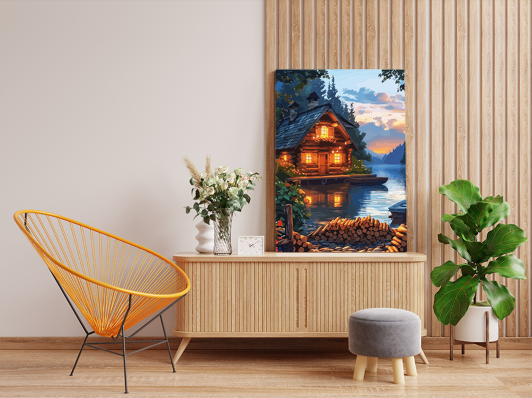 Cozy Cabin by the Lake at Dusk Paint by Numbers Kit