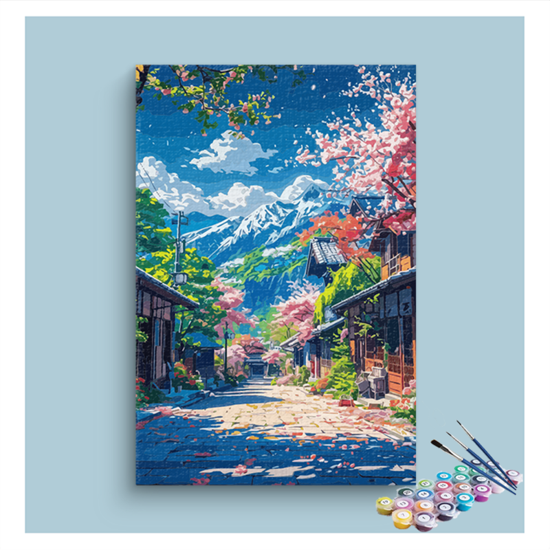 Cherry Blossom Village with Mountain View Paint by Numbers Kit